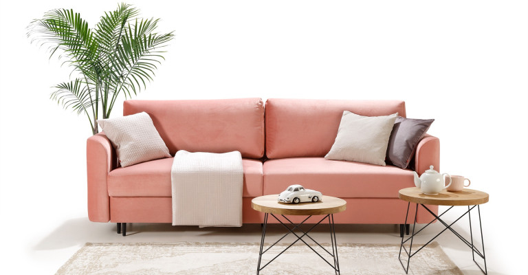 Canapea 3+3 cu funcție de pat, țesătură roz