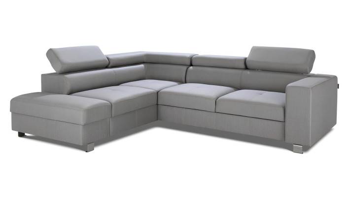 Canapea colțară gri cu funcție de pat, design modern în L