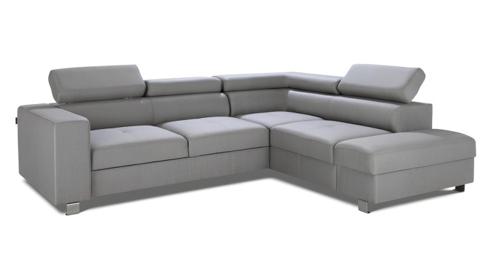 Canapea colțară gri cu funcție de pat, design modern în L