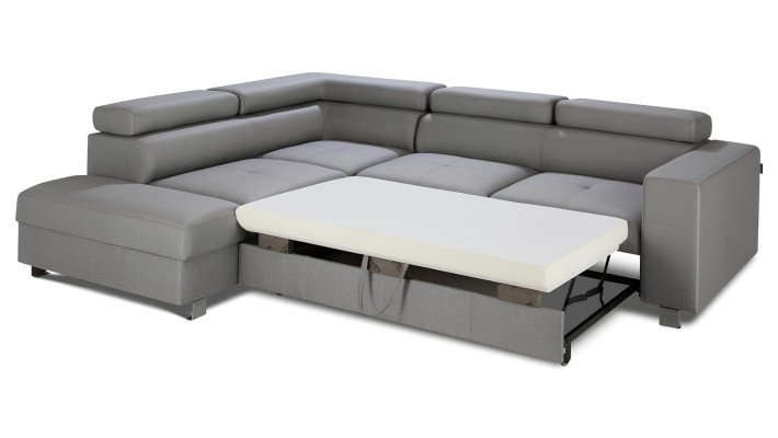 Canapea colțară gri cu funcție de pat, design modern în L