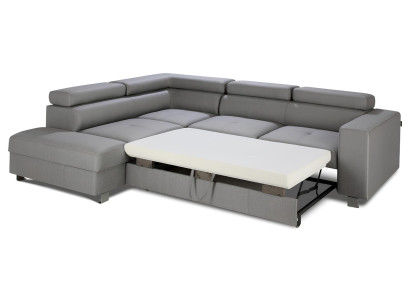 Canapea colțară gri cu funcție de pat, design modern în L