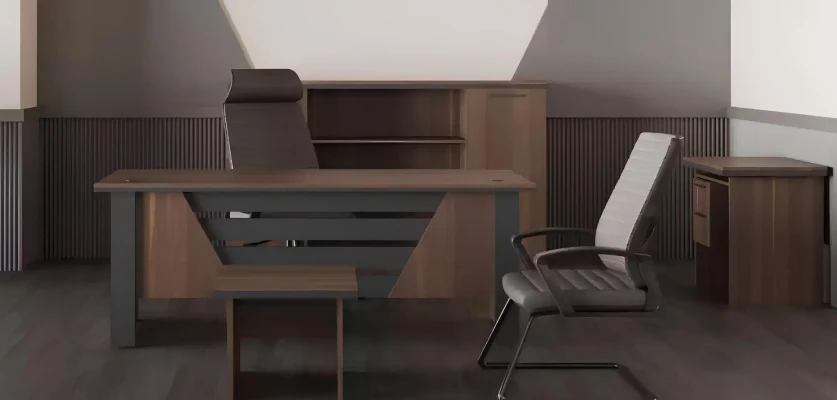 Set de mobilier de birou modern cu masă, rafturi și noptieră