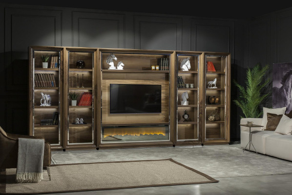 Pereți de living de lux, 448 cm, cu șemineu din lemn