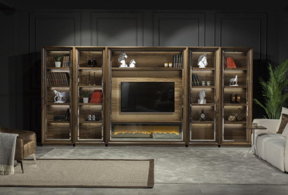 Pereți de living de lux, 448 cm, cu șemineu din lemn