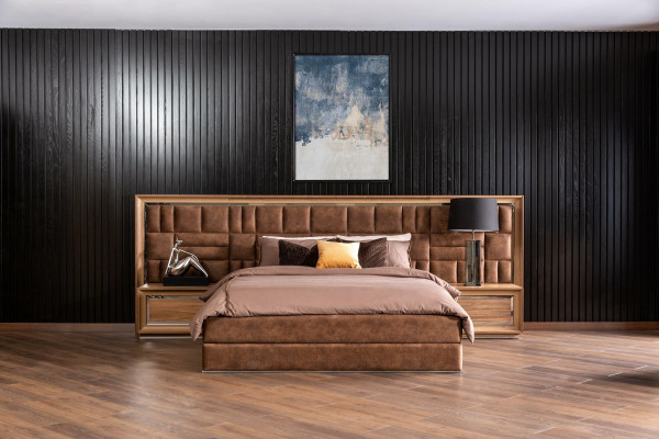 Set de mobilier pentru dormitor cu pat + mese de noptieră de lux în maro