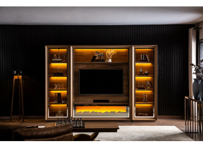 Perete luxos pentru living cu șemineu și masă de cafea