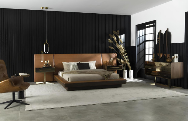 Set de mobilier de dormitor de lux cu pat, noptieră și dulapuri 6 piese.