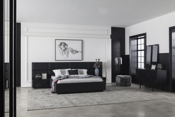 Set de dormitor modern Mustat, noptieră de 3 piese, pat din piele
