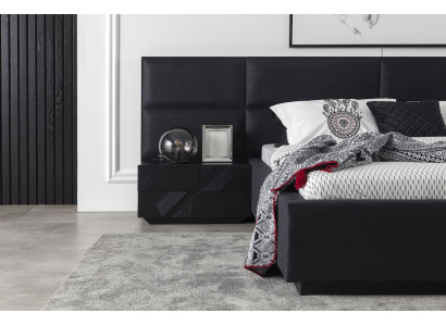 Set de dormitor modern Mustat, noptieră de 3 piese, pat din piele