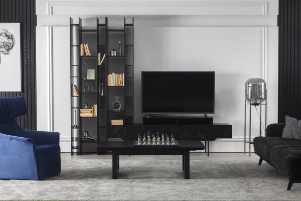Mobilier de perete negru cu depozitare deschisă pentru living