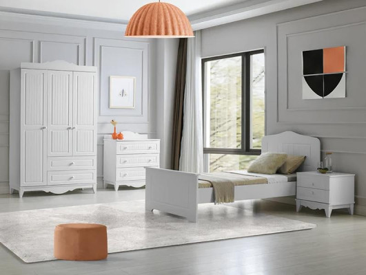 Set de mobilier modern pentru dormitor, noptieră, comodă, dulap, alb, 4 piese, elegant