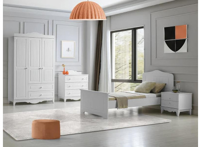 Set de mobilier modern pentru dormitor, noptieră, comodă, dulap, alb, 4 piese, elegant