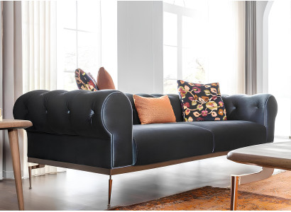 Canapea Chesterfield cu 3 locuri din țesătură albastră