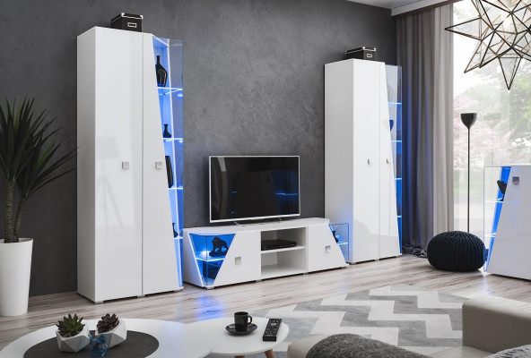 Set de living alb luxos cu perete modern, 2 vitrine și mobilă pentru TV, 3 piese