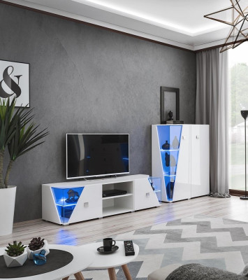 Unitate TV modernă albă cu vitrină