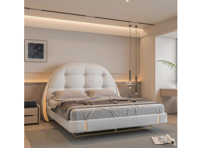 Pat din țesătură luxoasă cu accente brodate și cap de pat rotund modern