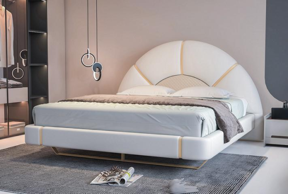 Pat modern de lux cu detalii aurii, cap de pat rotunjit