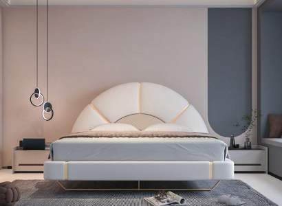 Pat modern de lux cu detalii aurii, cap de pat rotunjit