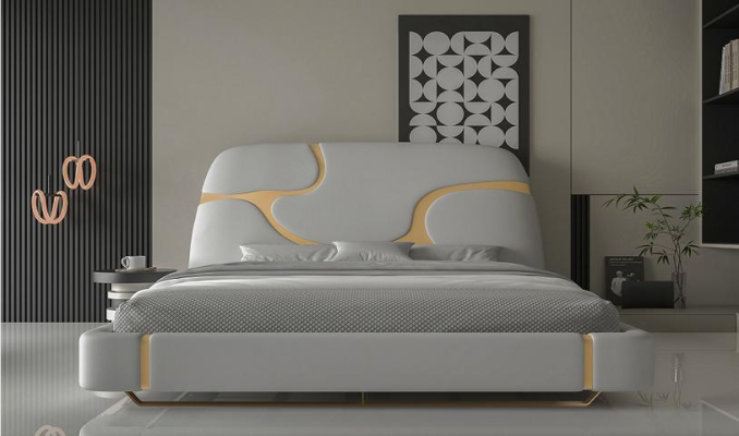 Pat de lux cu detalii aurii Design modern Tăblie moale Dormitor