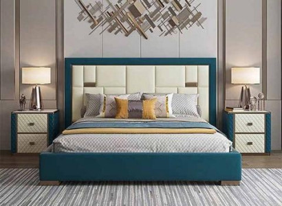 Pat de lux albastru cu tăblie tapițată modernă și culori vibrante