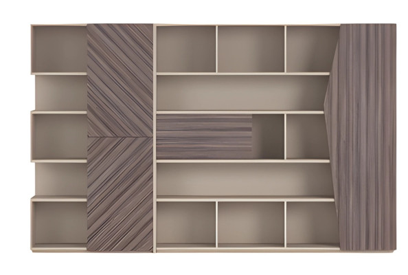 Sistem modern de depozitare cu efect de lemn în bej și maro, dulap deschis cu sertare