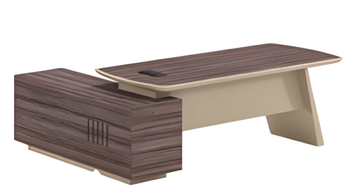 Birou modern cu aspect de lemn de stejar și maro, blat și un sertar