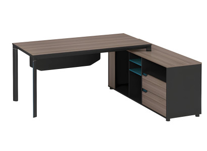 Masă de colț modernă din lemn închis cu rafturi și sertare