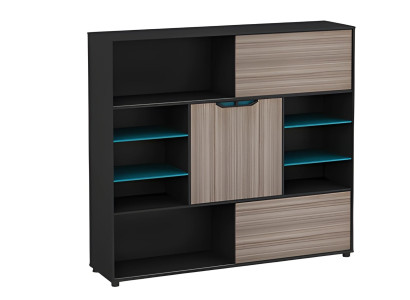 Dulap modern, maro și negru, cu uși și rafturi, albastru, pentru birou