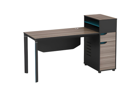 Birou cu efect de lemn în brun, echipat cu spațiu de depozitare și gestionare a cablurilor