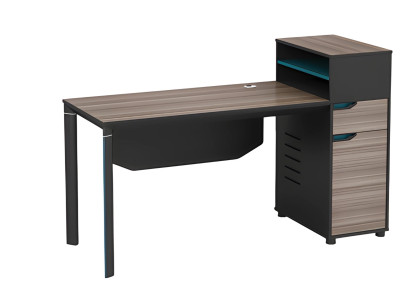 Birou cu efect de lemn în brun, echipat cu spațiu de depozitare și gestionare a cablurilor