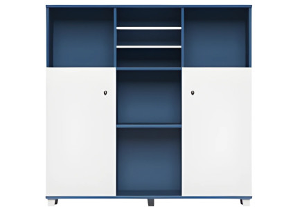 Lampa modernă de birou albastră și albă cu rafturi deschise și uși închise