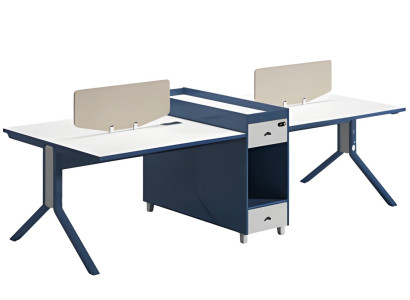 Birou modern cu două fețe, cu panou despărțitor și spațiu de depozitare