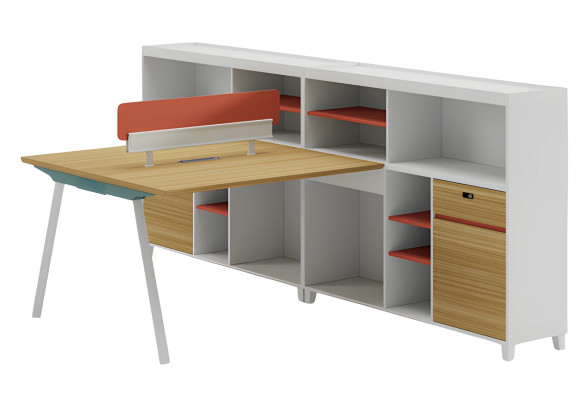 Birou modern cu depozitare și raft portocalie