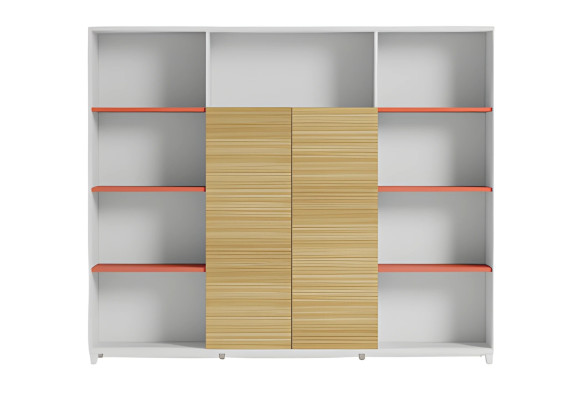 Lampă de birou elegantă cu rafturi din lemn și accente portocalii