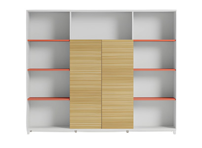 Lampă de birou elegantă cu rafturi din lemn și accente portocalii