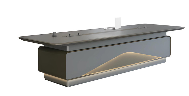 Masă de conferință luxoasă gri cu iluminare LED și gestionare a cablurilor