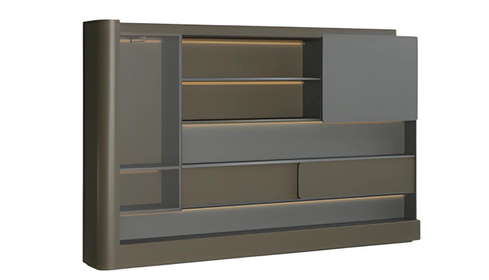 Birou modern negru cu iluminare LED gri și spațiu de depozitare