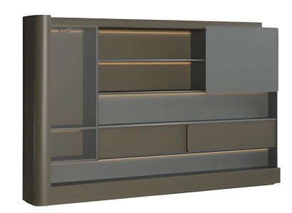 Birou modern negru cu iluminare LED gri și spațiu de depozitare