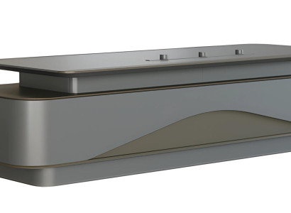 Birou modern gri și negru cu depozitare luxoasă și gestionare a cablurilor