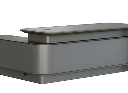 Birou modern gri cu depozitare și gestionare a cablurilor