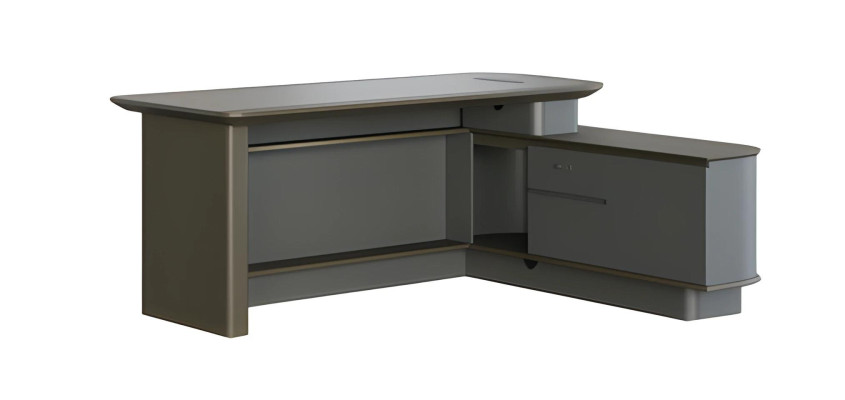 Masă de colț modernă gri cu depozitare și treceri de cablu elegante