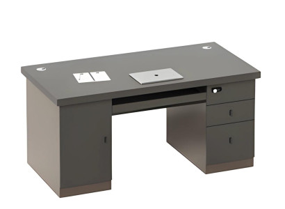 Masă gri cu spațiu de depozitare și sertare, canale pentru cabluri, încuietoare