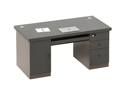 Birou modern negru și gri cu spațiu de depozitare și gestionare a cablurilor