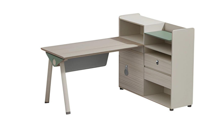 Birou modern gri bej cu depozitare, suprafață, sertare și încuietoare din sticlă