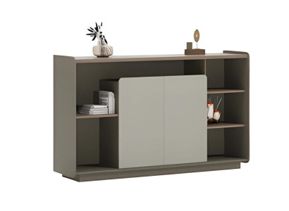 Set de mobilier elegant în gri și bej cu rafturi moderne și spații de depozitare închise