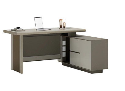 Birou gri și bej cu sertare și spațiu de depozitare