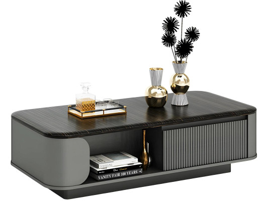 Masă de living modernă cu design elegant și blat negru, plus rafturi deschise