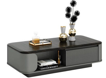 Masă de living modernă cu design elegant și blat negru, plus rafturi deschise