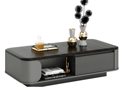 Masă de living modernă cu design elegant și blat negru, plus rafturi deschise