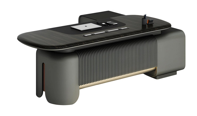 Birou modern cu design elegant și suprafață neagră, iluminare